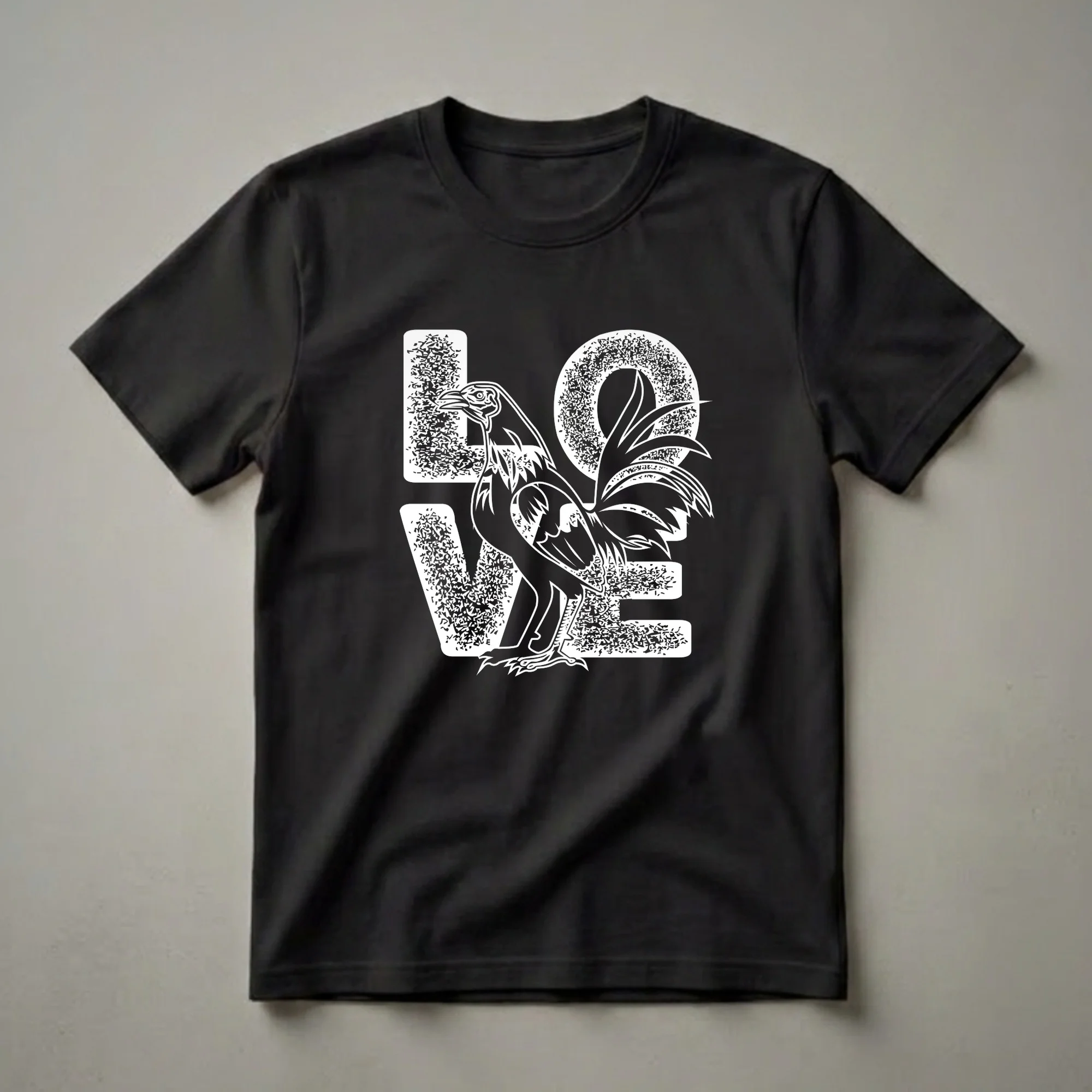 Black t-shirt with a white graphic featuring the word "LOVE" and a detailed illustration of a rooster integrated into the design.