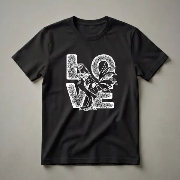 Black t-shirt with a white graphic featuring the word "LOVE" and a detailed illustration of a rooster integrated into the design.