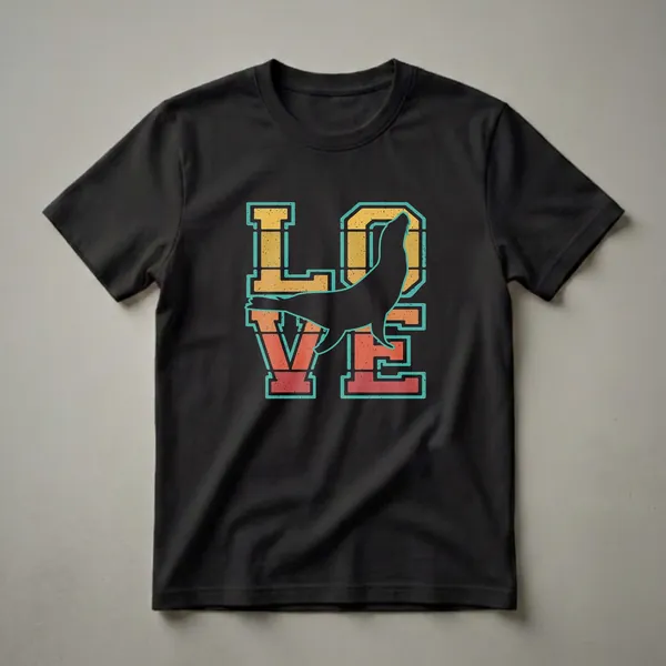 Black silhouette of a seal integrated into the word 'LOVE' on a black background, with distressed retro stripes of yellow, orange, and red outlined in teal.