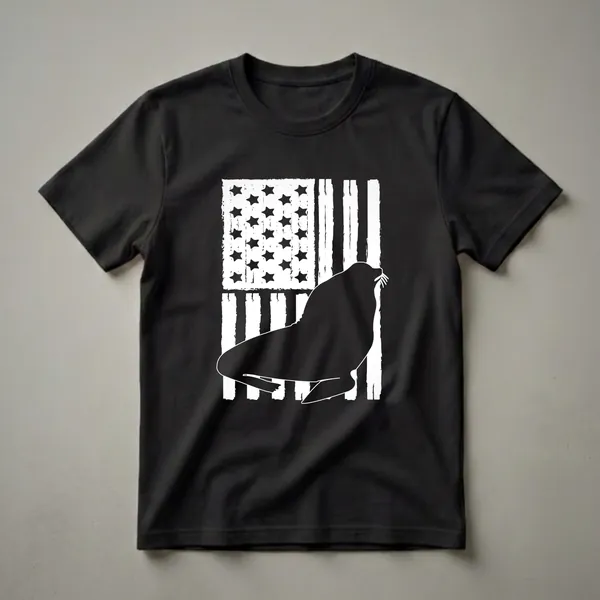 Black graphic t-shirt featuring a white distressed American flag with a black sea lion silhouette in front.