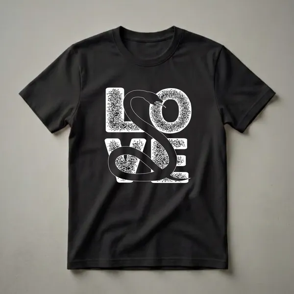 Black t-shirt with LOVE in a two-by-two grid of white distressed speckled block letters, with a black snake silhouette coiled through the letters and head visible near the top right.