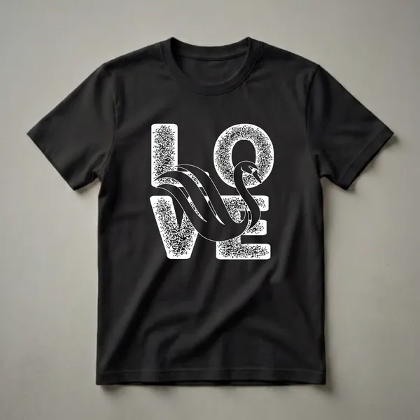 Black graphic t-shirt with the word 'LOVE' in white, featuring a black swan integrated into the letter 'O'. The letters have a textured fill.