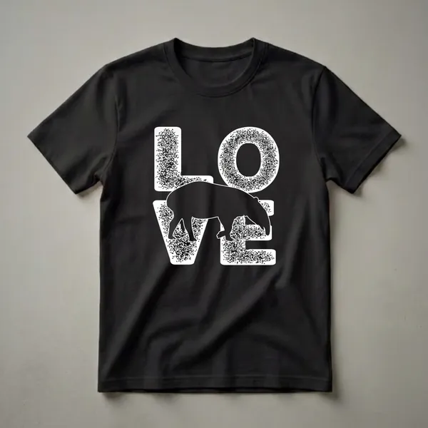 Black t-shirt with a white graphic design that spells out 'LOVE' with a tapir silhouette replacing the letter 'V'. The letters have a distressed, textured appearance.