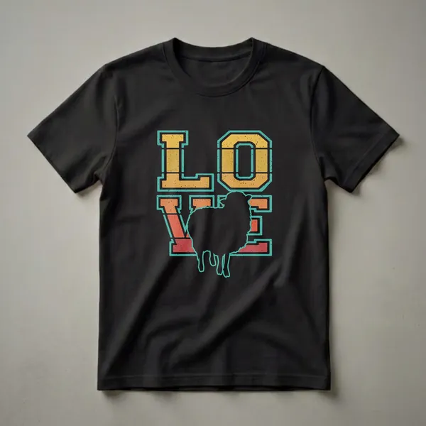 Black graphic t-shirt featuring the word 'LOVE' in a retro sunset design, with a black sheep silhouette replacing the letter 'O'.