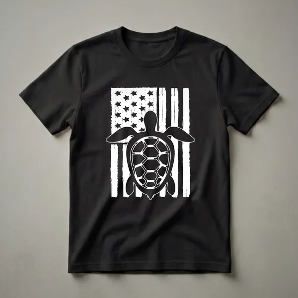 A black graphic t-shirt featuring a distressed American flag design with a white turtle silhouette incorporated into the flag's elements.