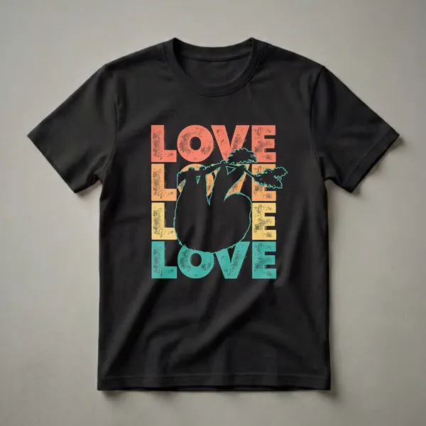 Black graphic t-shirt featuring a sloth hanging from a tree branch, with stacked retro-colored 'LOVE' text in coral, orange, yellow, and teal.