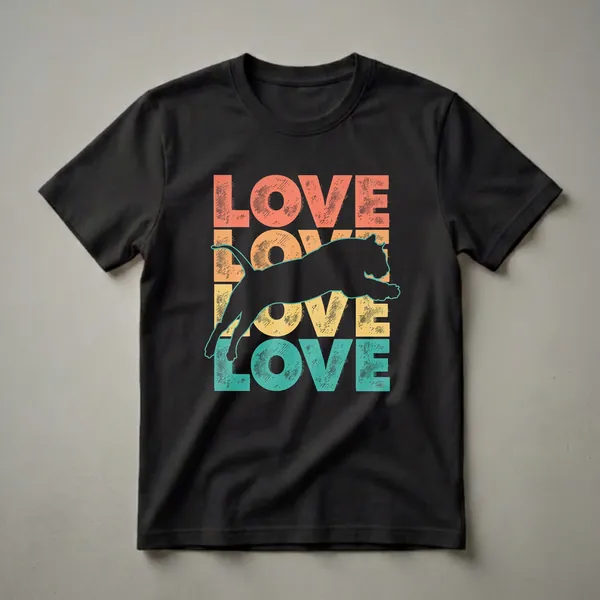 Black t-shirt with a retro design featuring a leaping tiger silhouette over stacked 'LOVE' text in orange, yellow, and teal.
