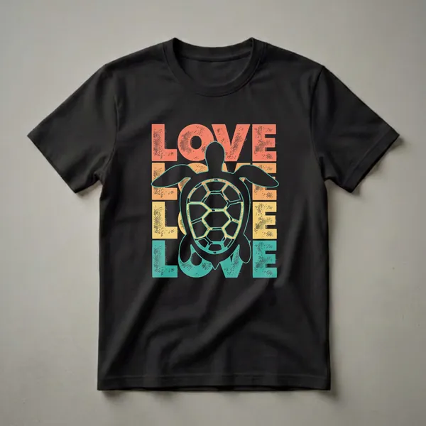 Black t-shirt with a retro graphic design featuring the word LOVE stacked vertically and a sea turtle silhouette in the center, using coral, yellow, and teal colors.