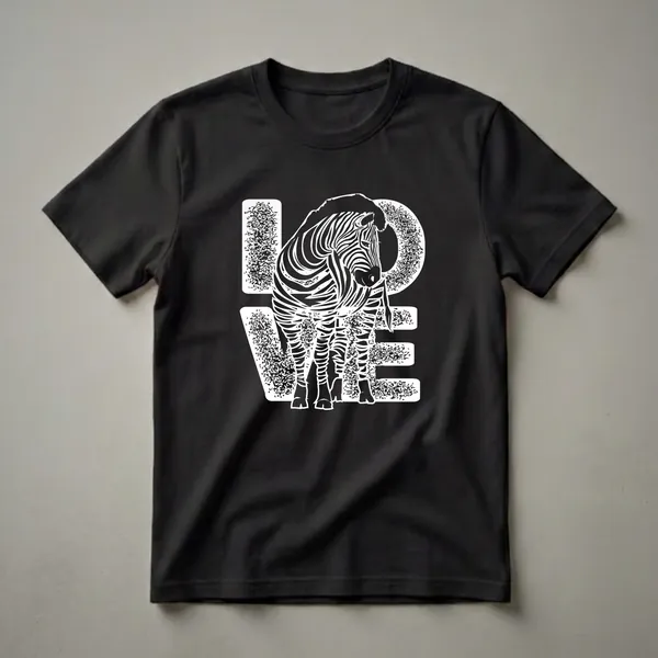 Black t-shirt with a white graphic design of the word 'LOVE' and a zebra standing in front of it, rendered in a fragmented stencil style.