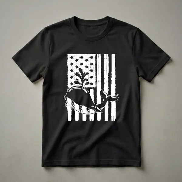 Black and white graphic t-shirt featuring a whale breaching in front of a distressed American flag with stars and stripes.