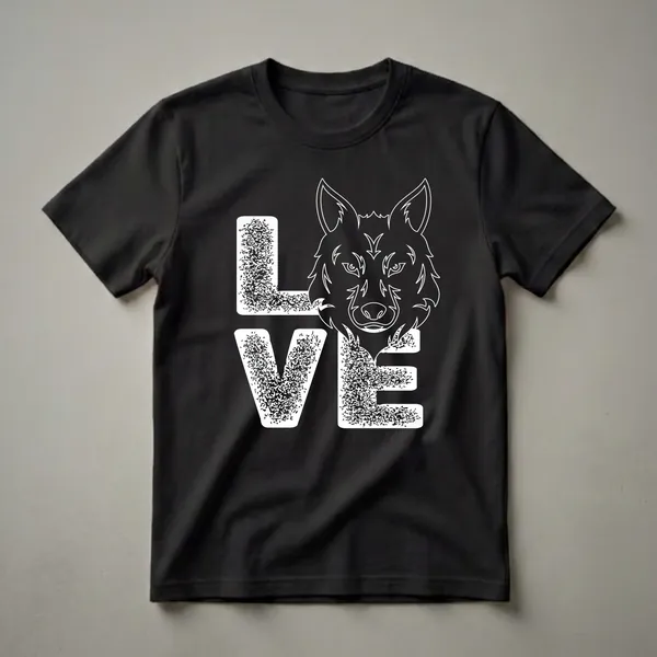 White outline graphic of a wolf's head integrated into the word LOVE, with distressed texture on the letters, on a black t-shirt.