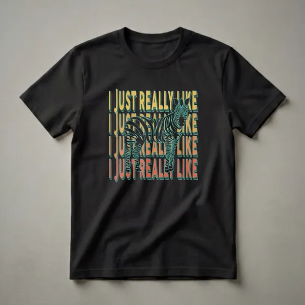 Black t-shirt with a teal and orange retro graphic featuring a zebra and the text 'I Just Really Like' repeated.
