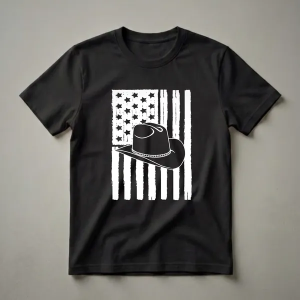 Black t-shirt with a distressed white American flag graphic and a white cowboy hat silhouette placed over the flag.