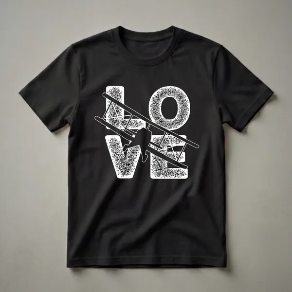Black graphic t-shirt featuring the word LOVE in white textured letters, with a black biplane silhouette flying across the word.