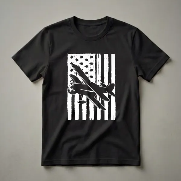 Black graphic t-shirt featuring a biplane flying over a distressed American flag with white stars and vertical stripes.