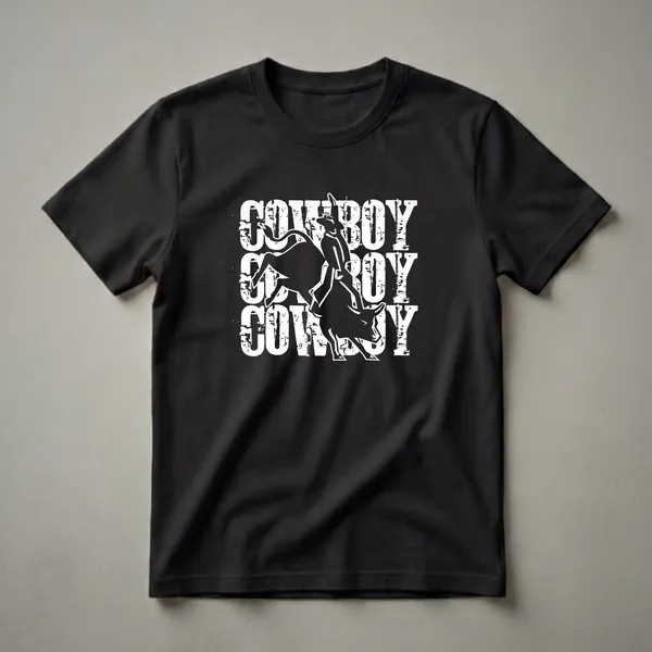 Black t-shirt with a white graphic design of a cowboy riding a bull, with the word COWBOY repeated three times in a distressed font.