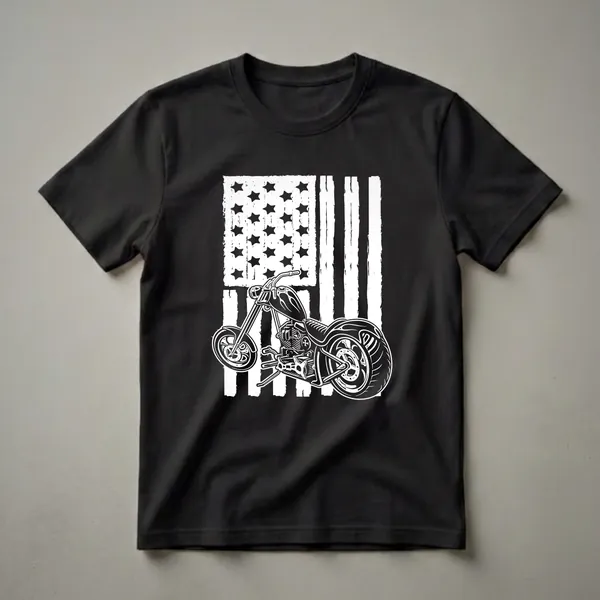 Black and white graphic t-shirt featuring a cruiser motorcycle in front of a distressed American flag, with detailed outlines of the bike's engine, wheels, and handlebars.