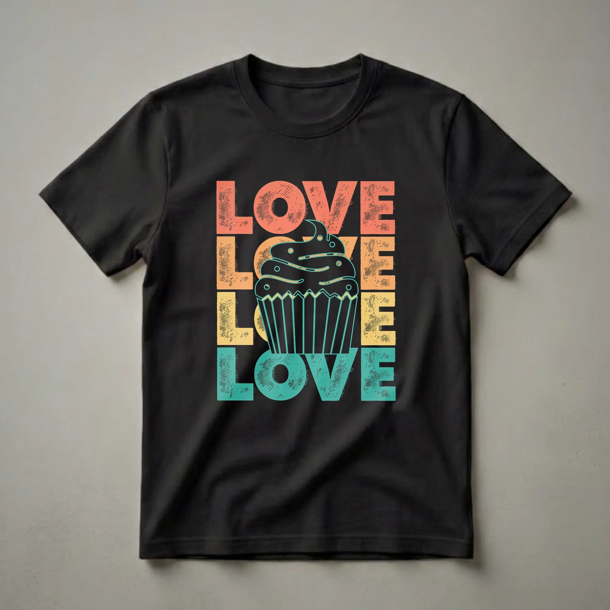 Black t-shirt with a retro graphic design featuring the word LOVE repeated vertically in coral, orange, yellow, and teal, with a stylized cupcake in the center.