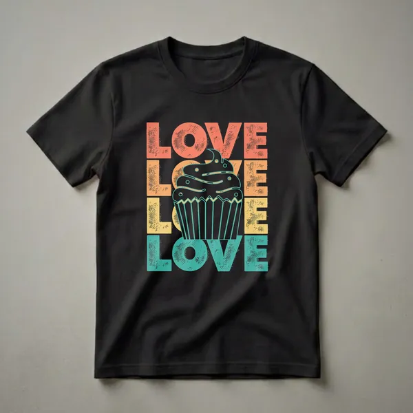 Black t-shirt with a retro graphic design featuring the word LOVE repeated vertically in coral, orange, yellow, and teal, with a stylized cupcake in the center.