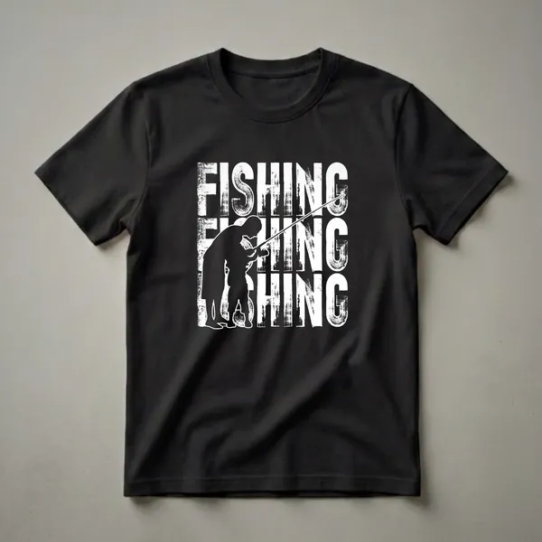 Black t-shirt with a white graphic depicting a father and son fishing, with the word 'FISHING' repeated vertically in a distressed font.