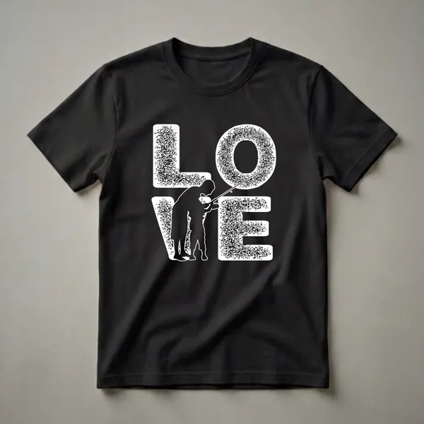 Black t-shirt with a white graphic that spells out 'LOVE', with a silhouette of a father and son fishing integrated into the design.