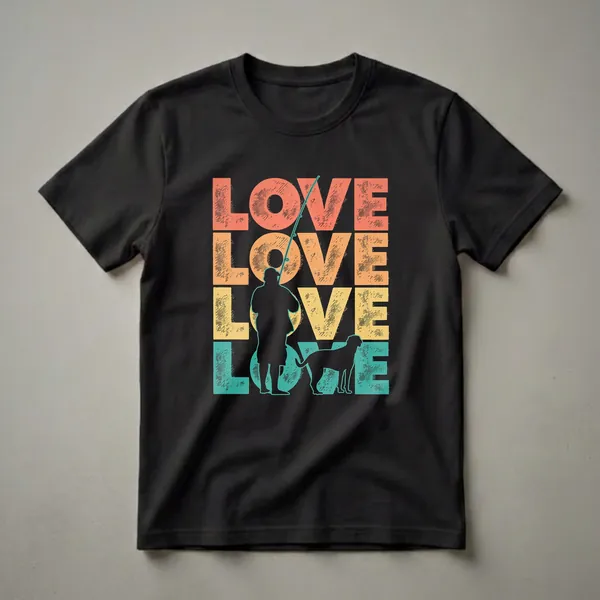 Black t-shirt with a retro graphic design. The word 'LOVE' is repeated four times in coral, orange, yellow, and teal. Silhouettes of a fisherman with a fishing rod and a dog are integrated into the design.
