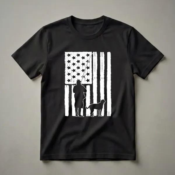 Black silhouette of a man holding a fishing rod and a dog standing in front of a distressed white American flag graphic.