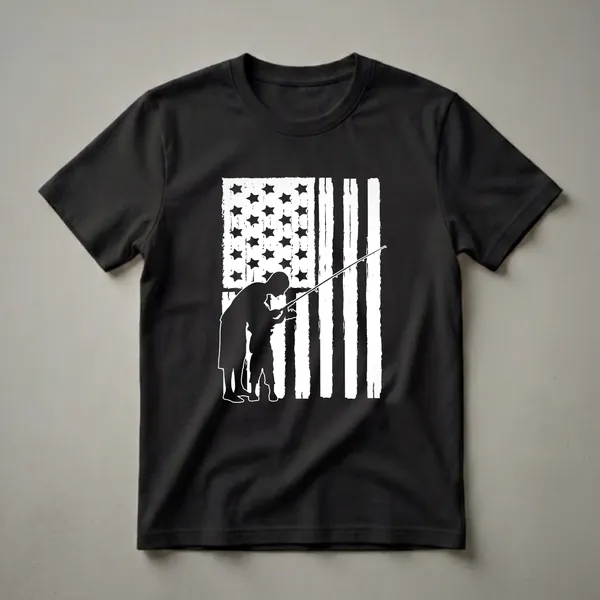Black silhouette of a father and son fishing together, superimposed on a distressed white and black American flag.