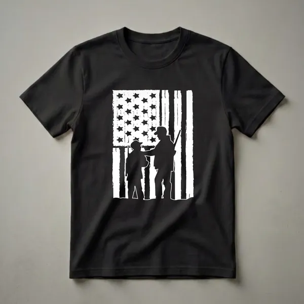 Black graphic t-shirt featuring a distressed white American flag with black silhouettes of a father and son holding hunting rifles.