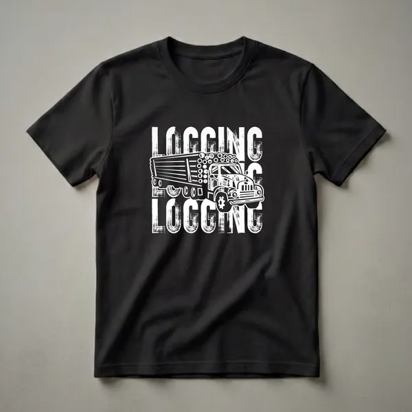 Black t-shirt with a white graphic design of a log truck carrying logs, with the word 'LOGGING' repeated in a distressed font.