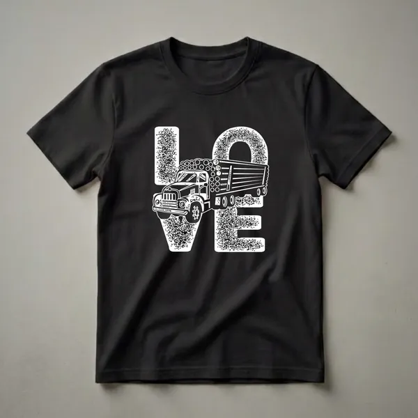 Black t-shirt with a white graphic design that spells out "LOVE" using a log truck and textured lettering, representing the logging industry.