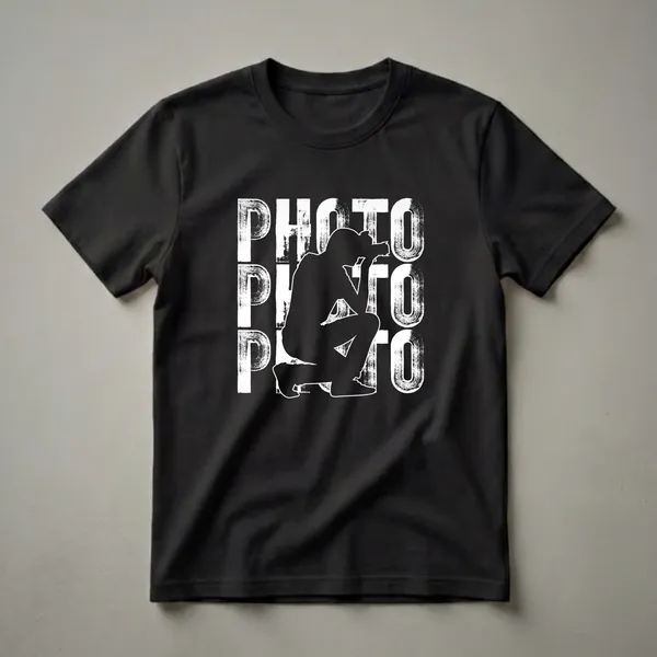 Black t-shirt with a white graphic design of the word PHOTO repeated vertically, with a silhouette of a photographer crouching in the center.