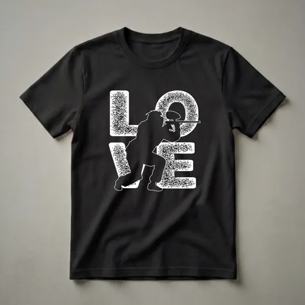 Black graphic t-shirt featuring the word 'LOVE' with a white silhouette of a paintball player aiming a marker in place of the letter 'O'.