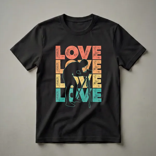 Black graphic t-shirt with a retro design featuring a silhouette of a photographer with a camera on a tripod, overlaid with stacked colorful blocks spelling 'LOVE'.