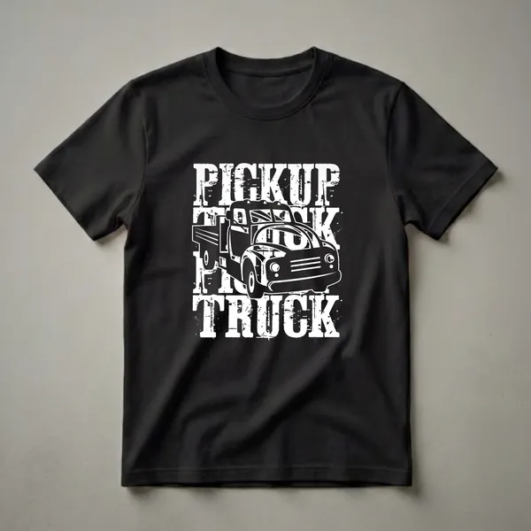 Black t-shirt with a distressed white graphic of a vintage pickup truck and the words 'PICKUP TRUCK' in distressed white lettering.