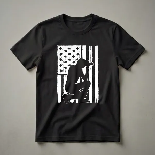 Black silhouette of a photographer crouching with a camera, superimposed on a distressed white and black American flag.