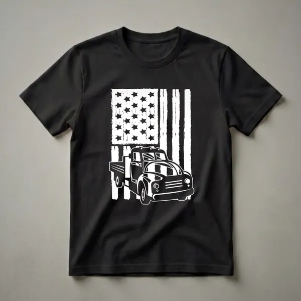 White distressed American flag graphic with a vintage pickup truck silhouette on a black t-shirt.