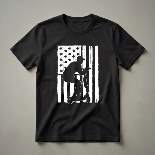 Black silhouette of a person riding a scooter against a distressed white and black American flag. The shirt is black.