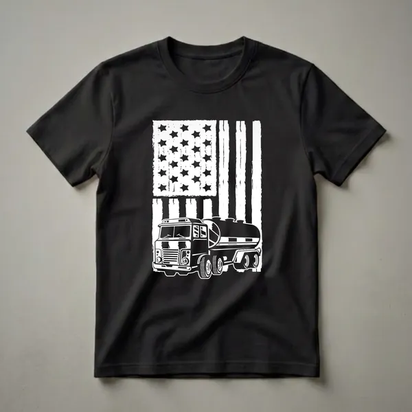 Black and white graphic of a distressed American flag with a tanker truck silhouette across the bottom half, printed on a black t-shirt.
