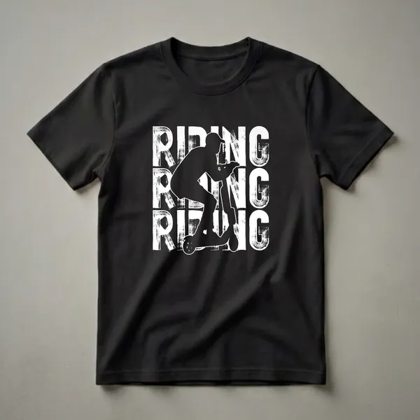 Black graphic t-shirt featuring a white silhouette of a person riding an electric scooter with the word 'RIDING' in distressed white letters.