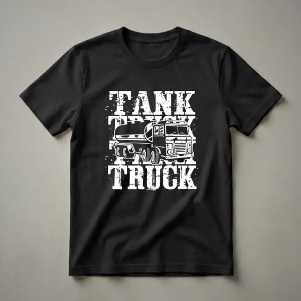White graphic of a tank truck with distressed text 'TANK TRUCK' on a black t-shirt.