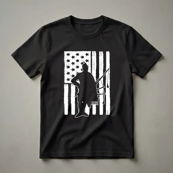 Black silhouette of a bagpiper wearing a kilt and playing bagpipes, superimposed on a distressed white and black American flag.