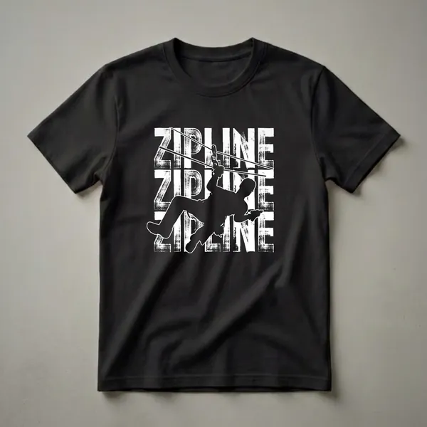 Black graphic t-shirt featuring the word 'ZIPLINE' in distressed white lettering, with a silhouette of a person ziplining across the design.
