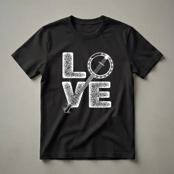 Black t-shirt with white graphic spelling 'LOVE' using a banjo. The 'O' is the banjo's body, and the 'V' is the banjo's neck and headstock. The 'L' and 'E' have a distressed fill.