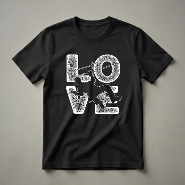 Black t-shirt with a white graphic design that spells out 'LOVE' with a silhouette of a person ziplining integrated into the letter 'V'.