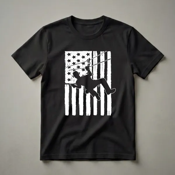 Black silhouette of a person ziplining against a distressed white and black American flag graphic, on a black t-shirt.