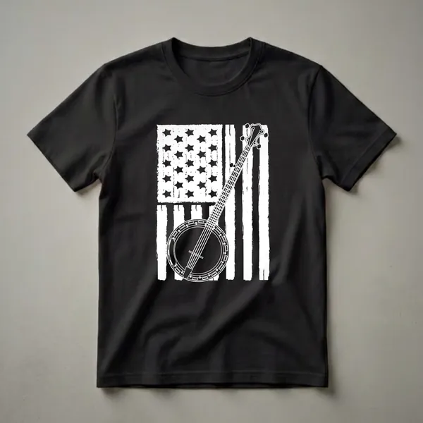 White graphic of a banjo overlaid on a distressed American flag, printed on a black t-shirt.