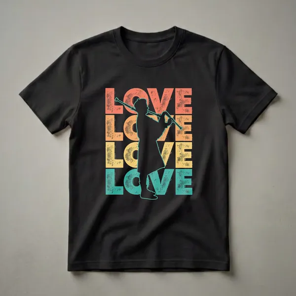 Black t-shirt with a retro graphic design. The word "LOVE" is repeated in coral, orange, yellow, and teal, with a black silhouette of a bagpiper playing in the center, outlined in teal.