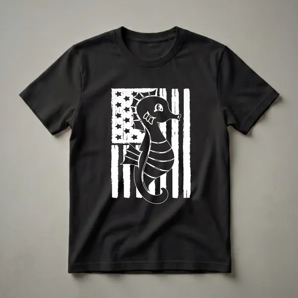 Black graphic t-shirt featuring a white seahorse silhouette superimposed on a distressed white and black American flag.