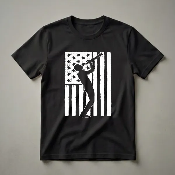 Black t-shirt with a white silhouette of a musician playing a wind instrument, set against a distressed white vertical American flag with stars and stripes.